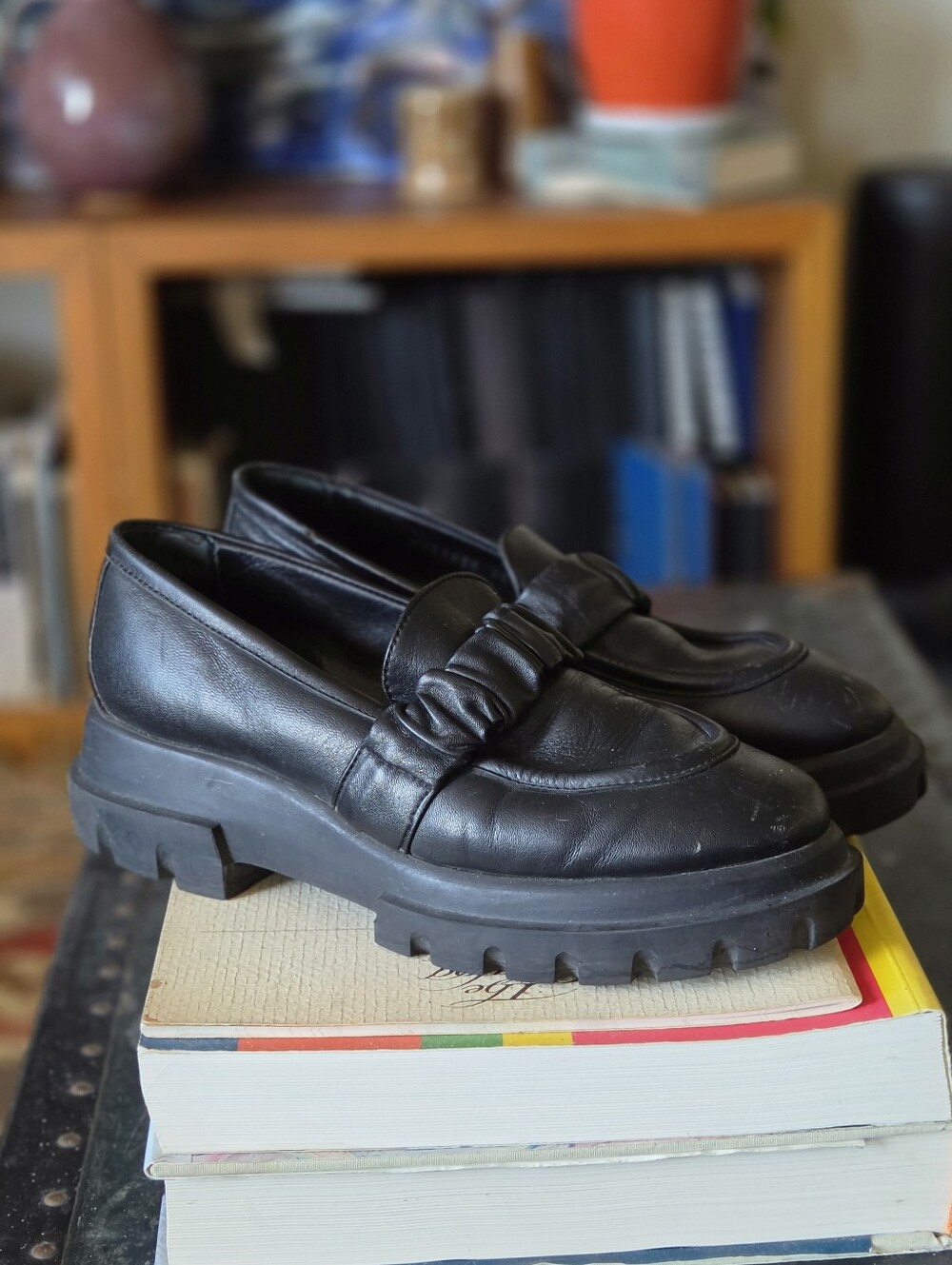 AGL Celeste Black Leather Chunky Lug Platform Loafers